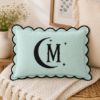 Picture of Personalized Moon Halloween Monogram Pillow, Custom Initial Embroidered Linen Pillow, Celestial Scalloped Throw Pillow, Witchy Bedroom Decor