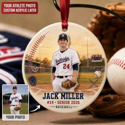 Picture of Personalized Baseball Senior Ornament, Custom Photo Baseball Player Gift, Senior Night Keepsake, Jersey Number Ornament, Class of 2026 Gift