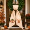 Picture of Personalized Fall Wreath Sash, Embroidered Pumpkin Football Monogram Bow, Custom Initial Front Door Wreath Sash, Thanksgiving Porch Decor