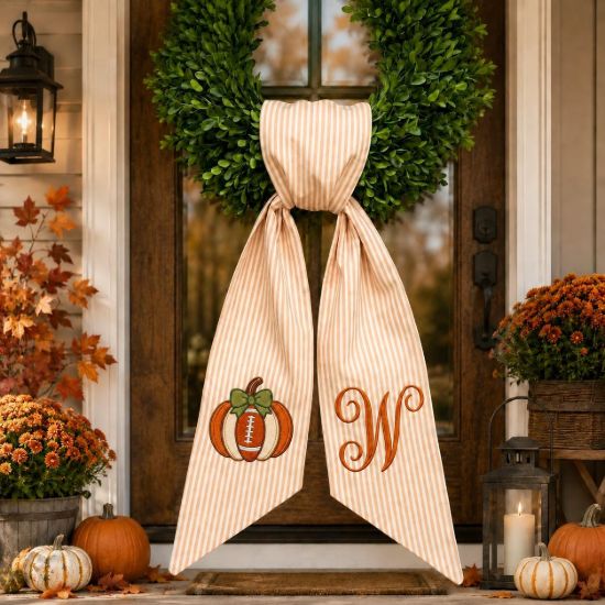 Picture of Personalized Fall Wreath Sash, Embroidered Pumpkin Football Monogram Bow, Custom Initial Front Door Wreath Sash, Thanksgiving Porch Decor