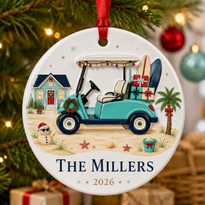 Picture of Personalized Beach House Christmas Ornament 2026, Custom Family Beach House Name Ornament, Coastal Vacation Home Gift, Golf Cart Keepsake