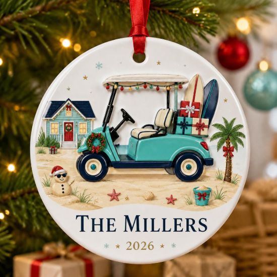 Picture of Personalized Beach House Christmas Ornament 2026, Custom Family Beach House Name Ornament, Coastal Vacation Home Gift, Golf Cart Keepsake