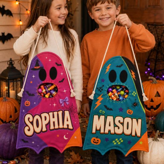 Picture of Personalized Trick or Treat Bag for Kids, Custom Name Ghost Halloween Candy Bag, Boys Girls Halloween Tote, Reusable Candy Sack Halloween