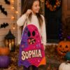 Picture of Personalized Trick or Treat Bag for Kids, Custom Name Ghost Halloween Candy Bag, Boys Girls Halloween Tote, Reusable Candy Sack Halloween