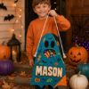 Picture of Personalized Trick or Treat Bag for Kids, Custom Name Ghost Halloween Candy Bag, Boys Girls Halloween Tote, Reusable Candy Sack Halloween