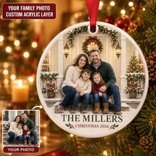 Picture of Personalized Family Photo Ornament, Custom Family Christmas Gift, 2 Layer Ceramic Acrylic Keepsake, Family Name Ornament, Christmas 2026