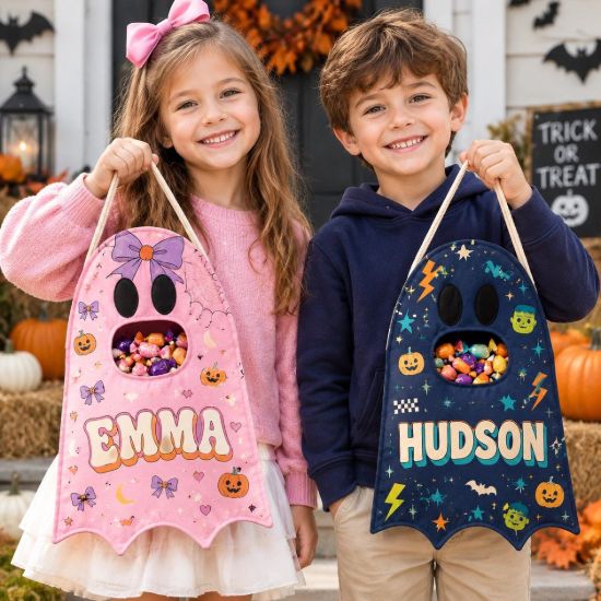 Picture of Personalized Trick or Treat Bag for Kids, Custom Name Ghost Halloween Candy Bag, Boys Girls Halloween Tote, Toddler Candy Sack Halloween