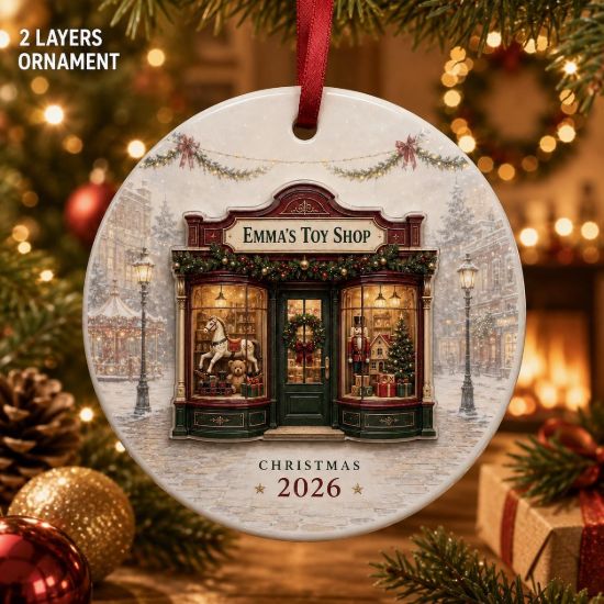 Picture of Personalized Toy Shop Christmas Ornament, Custom Shop Name Gift, 2 Layer Ceramic Acrylic Ornament, Small Business Owner Gift, Christmas 2026