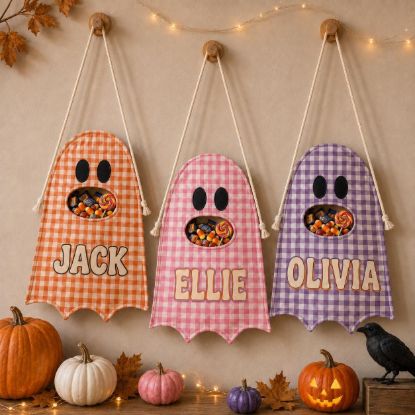 Picture of Personalized Gingham Trick or Treat Bag for Kids, Custom Name Ghost Halloween Candy Bag, Plaid Halloween Tote, Toddler Candy Sack Halloween
