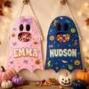 Picture of Personalized Trick or Treat Bag, Custom Name Ghost Halloween Bag for Kids, Gingham Candy Tote, Toddler Halloween Gift Halloween Bag