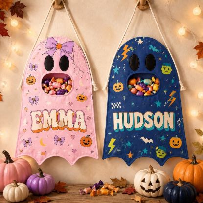 Picture of Personalized Trick or Treat Bag, Custom Name Ghost Halloween Bag for Kids, Gingham Candy Tote, Toddler Halloween Gift Halloween Bag
