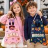 Picture of Personalized Trick or Treat Bag, Custom Name Ghost Halloween Bag for Kids, Gingham Candy Tote, Toddler Halloween Gift Halloween Bag