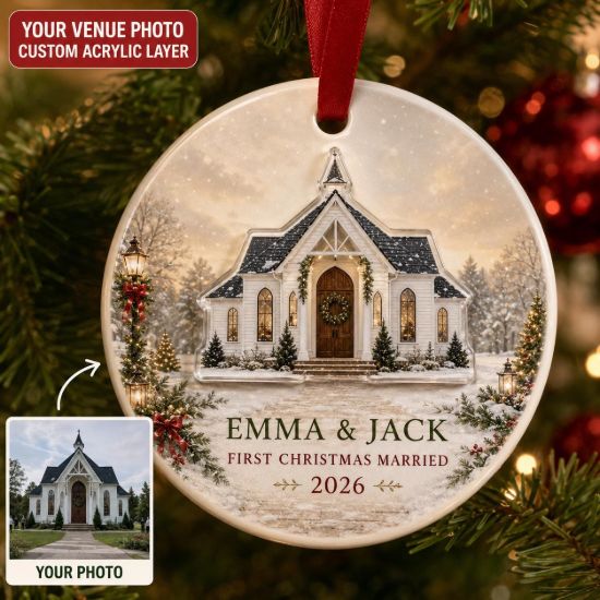 Picture of Personalized First Christmas Married Ornament, Custom Couple Wedding Chapel Gift, 2 Layer Ceramic Acrylic Keepsake, Newlywed Christmas 2026