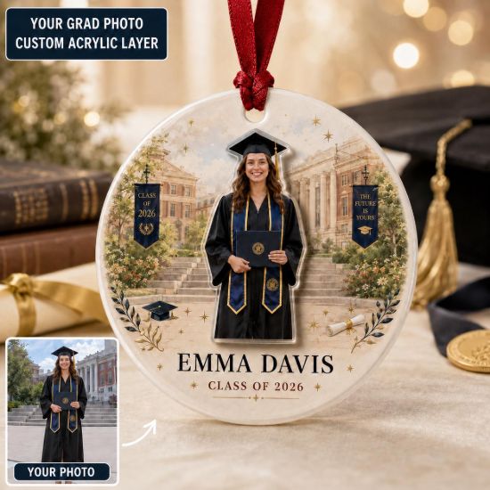 Picture of Personalized Graduation Photo Ornament, Custom Class of 2026 Gift, 2 Layer Ceramic Acrylic Keepsake, Senior Christmas Ornament, Grad Gift