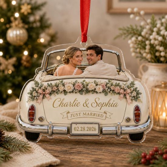 Picture of Personalized Wedding Car Ornament, Custom Couple Photo Just Married Gift, 2D Flat Acrylic Ornament, Wedding Date Newlywed Keepsake 2026