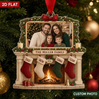 Picture of Personalized Family Photo Christmas Ornament, Custom Family Name & Stocking Names, Fireplace Holiday Keepsake, Xmas Gift for Parents 2026