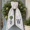 Picture of Personalized Chinoiserie Wreath Sash, Blue Toile Monogram Christmas Bow, Topiary Ginger Jar Holiday Decor, White Ric Rac Door Sash Gift