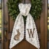 Picture of Personalized Easter Wreath Sash, Bunny Monogram Sash, Neutral Toile Spring Wreath Bow, Custom Hunting Rabbit Sash, Farmhouse Hostess Gift