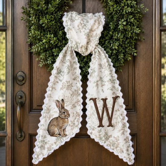 Picture of Personalized Easter Wreath Sash, Bunny Monogram Sash, Neutral Toile Spring Wreath Bow, Custom Hunting Rabbit Sash, Farmhouse Hostess Gift