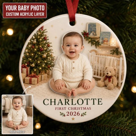 Picture of Personalized Baby First Christmas Ornament, Custom Baby Photo 2 Layer Ornament, 2026 Newborn Keepsake, Baby Christmas Gift for New Parents