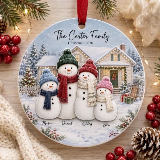 Picture of Personalized Family Christmas Ornament, 2 Layer Ceramic Ornament, Custom Snowman Family Keepsake, Family Name Xmas Gift, Holiday Tree Decor