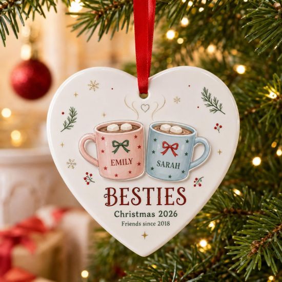 Picture of Personalized Best Friend Christmas Ornament, Custom Besties Coffee Mug Heart Ornament, Friendship Keepsake, Ceramic Acrylic Ornament 2026