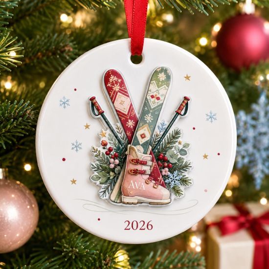 Picture of Personalized Ski Ornament, 2 Layer Ceramic Christmas Ornament, Ski Lover Gift, Winter Sports Keepsake, Custom Snowboard Xmas Decor