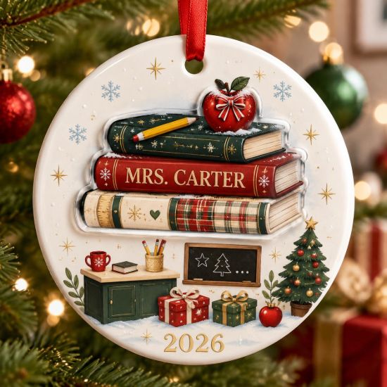 Picture of Personalized Teacher Christmas Ornament, Custom Name Book Stack 2 Layer Ceramic Acrylic Ornament, Teacher Gift, Classroom Keepsake 2026