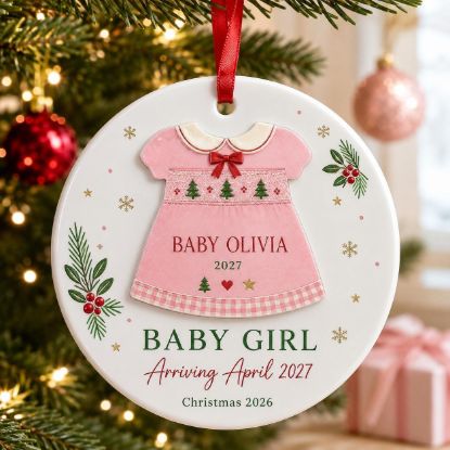 Picture of Personalized Baby Girl Christmas Ornament, Pregnancy Announcement 2 Layer Ceramic Acrylic Keepsake, Baby Coming 2027, Expecting Parents Gift
