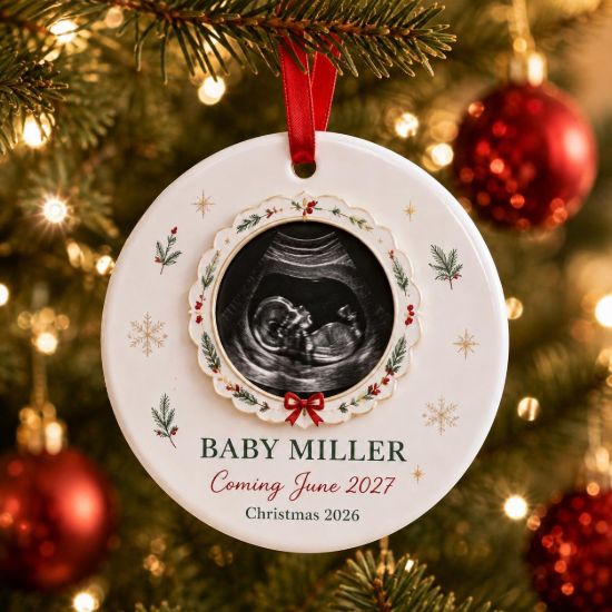 Picture of Personalized Pregnancy Announcement Ornament, Custom Ultrasound Photo 2 Layer Ceramic Acrylic Ornament, Baby Coming 2027, Christmas Keepsake