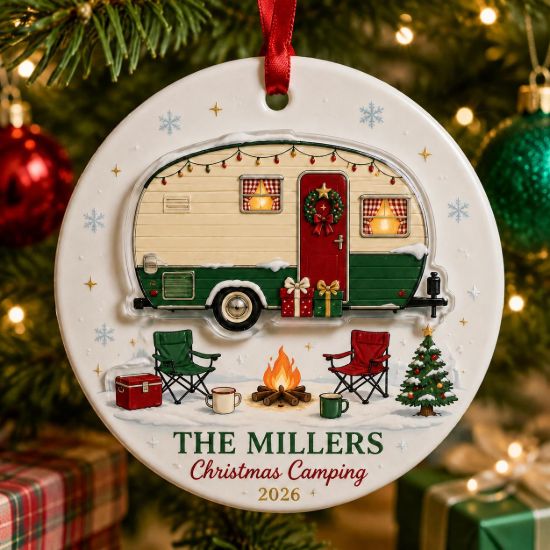 Picture of Personalized Camping Christmas Ornament, Custom Family Camper 2 Layer Ceramic Acrylic Ornament, RV Travel Trailer Keepsake, Camper Gift 2026