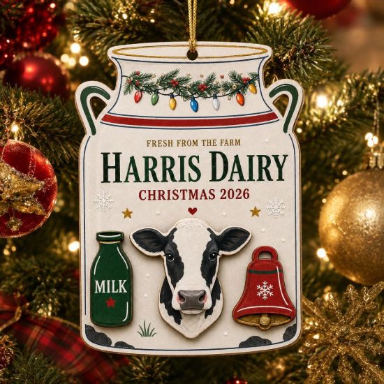 Picture of Personalized Dairy Farm Christmas Ornament, Custom Farm Name Cow Milk Can Wood Ornament, Farmer Christmas Gift, Rustic Farmhouse Keepsake