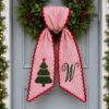 Picture of Personalized Christmas Wreath Sash, Custom Monogram Wreath Bow, Red White Striped Christmas Bow, Holiday Door Decor, Christmas Wreath Gift