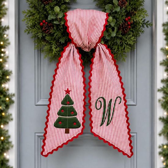 Picture of Personalized Christmas Wreath Sash, Custom Monogram Wreath Bow, Red White Striped Christmas Bow, Holiday Door Decor, Christmas Wreath Gift