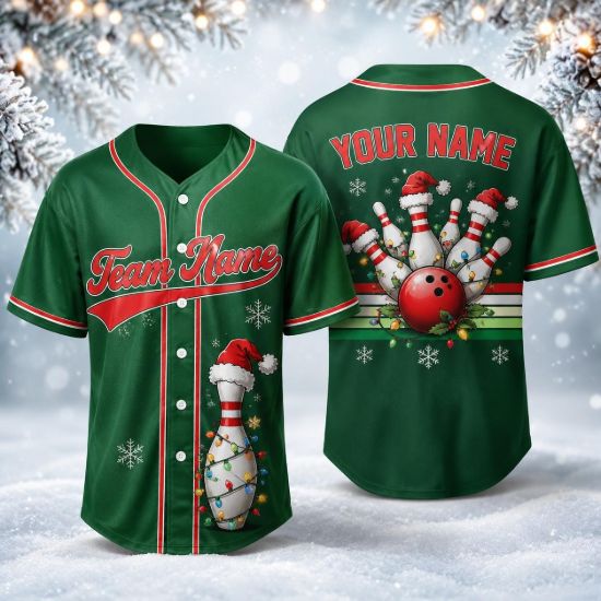 Picture of Personalized Christmas Bowling Jersey, Custom Team Name & Player Name Baseball Shirt, Festive Bowling Gift, Holiday Bowling Team Uniform