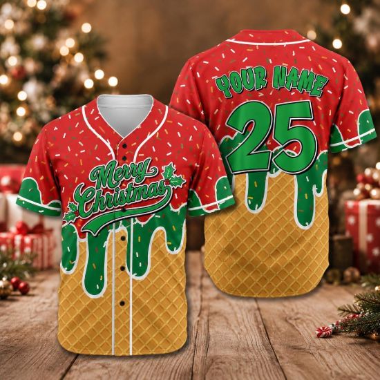Picture of Personalized Christmas Baseball Jersey, Custom Merry Christmas Shirt, Holiday Baseball Uniform, Gingerbread Drip Xmas Jersey, Family Gift