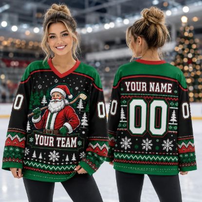 Picture of Personalized Christmas Hockey Jersey, Santa Claus Hockey Shirt, Custom Name Number Team Jersey, Holiday Hockey Gift, Winter Sports Apparel