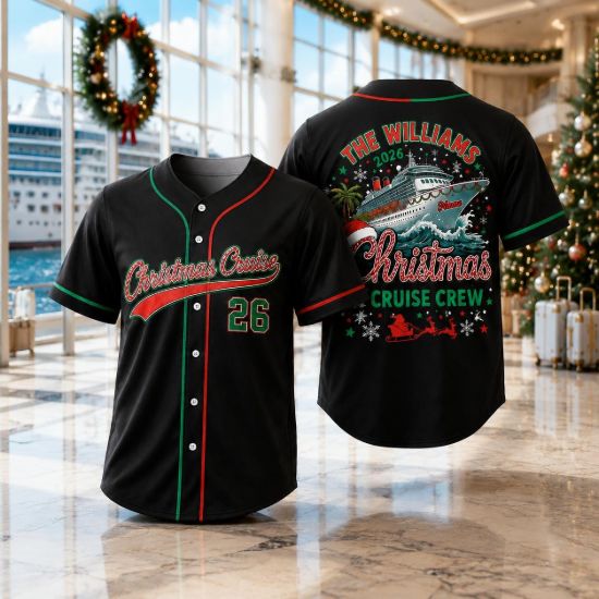 Picture of Personalized Christmas Cruise Jersey, Custom Family Cruise Crew Shirt, Tropical Holiday Vacation Baseball Jersey, Matching Xmas Travel Gift