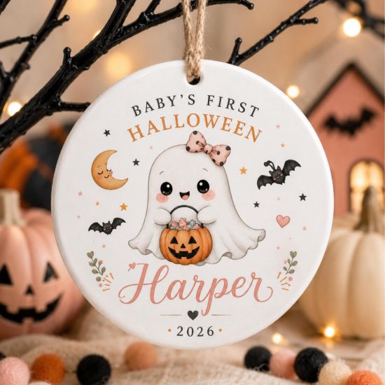 Picture of Baby’s First Halloween Ornament, Personalized Baby Name Halloween Ornament, Custom Infant Keepsake Gift, Cute Ghost Pumpkin Decor 2026