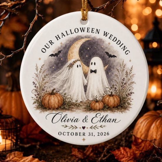 Picture of Personalized Halloween Wedding Ornament, Ghost Bride Groom Christmas Ornament, Custom Couple Names Date, Spooky Wedding Keepsake Gift