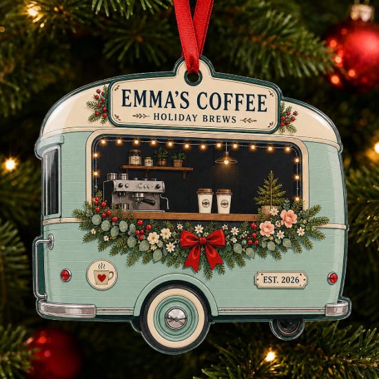 Picture of Personalized Coffee Truck Christmas Ornament, Custom Cafe Acrylic Ornament, Coffee Lover Gift, Barista Keepsake, Holiday Coffee Shop Decor