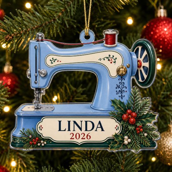 Picture of Personalized Sewing Machine Christmas Ornament, Custom Seamstress Acrylic Ornament, Quilter Gift, Sewing Lover Keepsake, Craft Room Decor