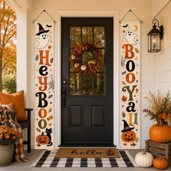Picture of Halloween Door Banners Set of 2, Trick or Treat Porch Sign, Pumpkin Ghost Hanging Banner, Halloween Front Door Decor, Fall Porch Decoration
