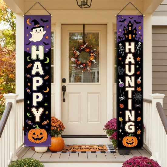 Picture of Happy Hunting Spooky Halloween Door Banner Porch Decor, Halloween Entryway Decoration, Fall Home Accent, Outdoor Seasonal Hanging Signs 2026