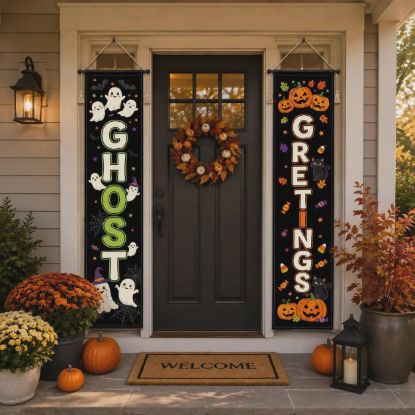 Picture of Ghost Greetings Halloween Door Banners, Halloween Porch Decor, Spooky Front Door Hanging, Fall Outdoor Decoration, Halloween Home Decor