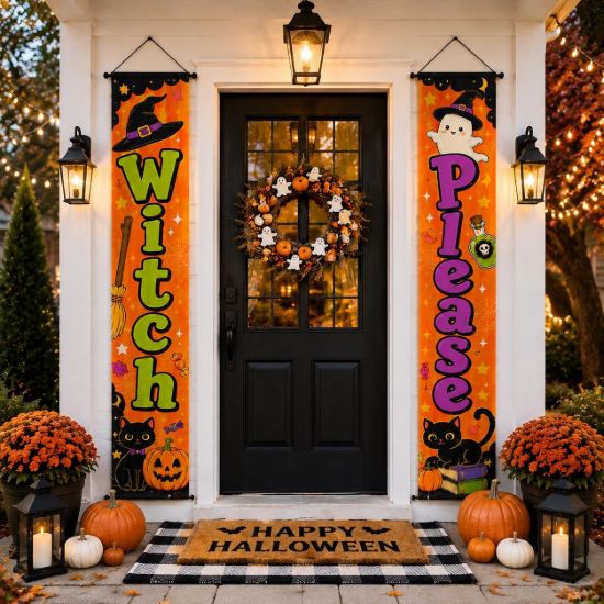 Picture of Set of 2 Halloween Door Banners, Spooky Witch Porch Decor, Halloween Front Door Hanging Signs, Fall Outdoor Decoration, Haunted Season Decor