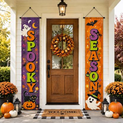 Picture of Spooky Halloween Front Door Banners, Set of 2 Porch Hangings, Haunted Season Outdoor Decor, Fall Entryway Decoration, Holiday Home Style