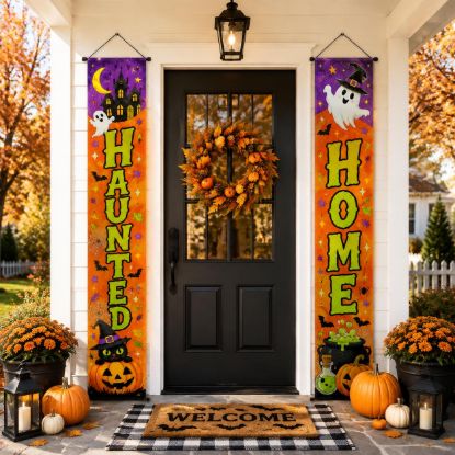 Picture of Halloween Door Banner Set of 2, Spooky Front Porch Decor, Halloween Hanging Signs, Fall Outdoor Home Decoration, Haunted Season Entryway