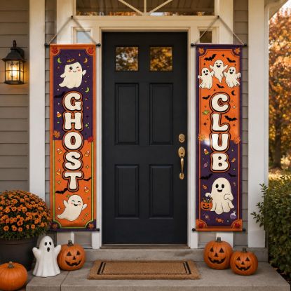 Picture of Ghost Club Halloween Door Banners, Spooky Porch Decor, Halloween Front Door Hanging Sign, Fall Outdoor Decoration, Trick or Treat Home Decor