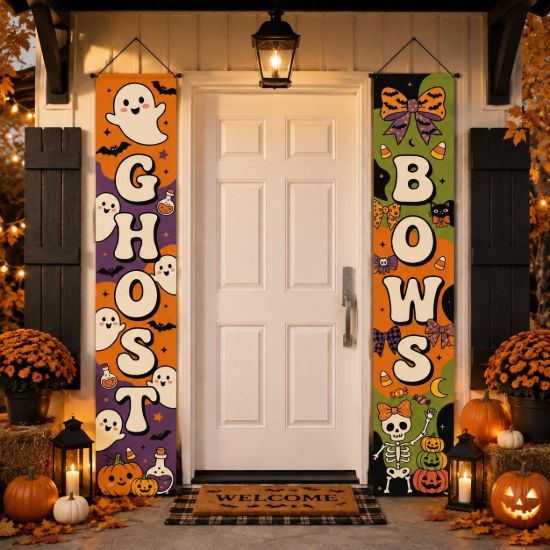 Picture of Halloween Porch Banner Set of 2, BOO Front Door Decor, Spooky Seasonal Hanging Signs, Outdoor Fall Home Decoration, Halloween Entryway Style